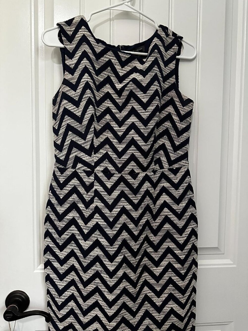 The Limited Petite Navy and White Chevron Textured Sleeveless Sheath Dress